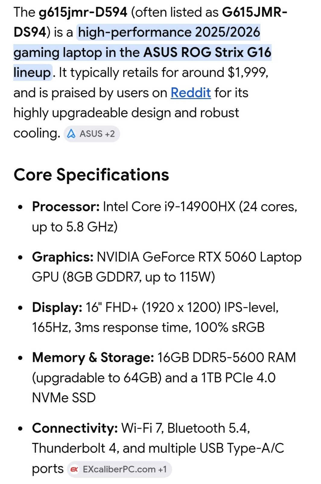 ASUS ROG Strix Gaming Laptop i9-14900HX RTX 5060 16GB 1TB SSD Win 11 Pro