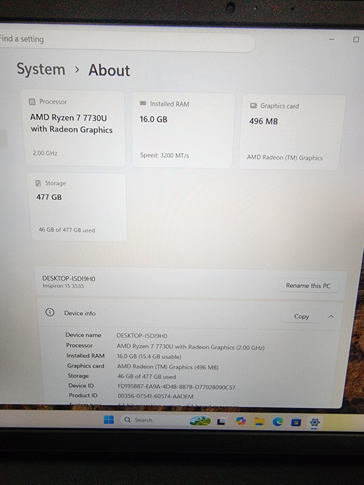 Dell Inspiron 15 3535 Laptop AMD Ryzen 7 7730U 16GB 512GB SSD 15.6″ FHD Touch