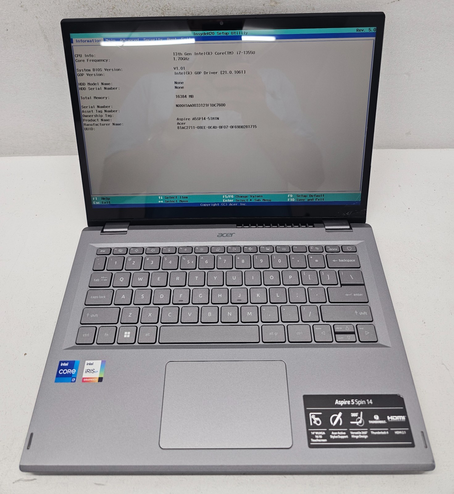 Acer Aspire 5 Spin 14 2-in-1 Laptop Intel Core i7-1355U 16GB Ram NO HD/OS (FL)
