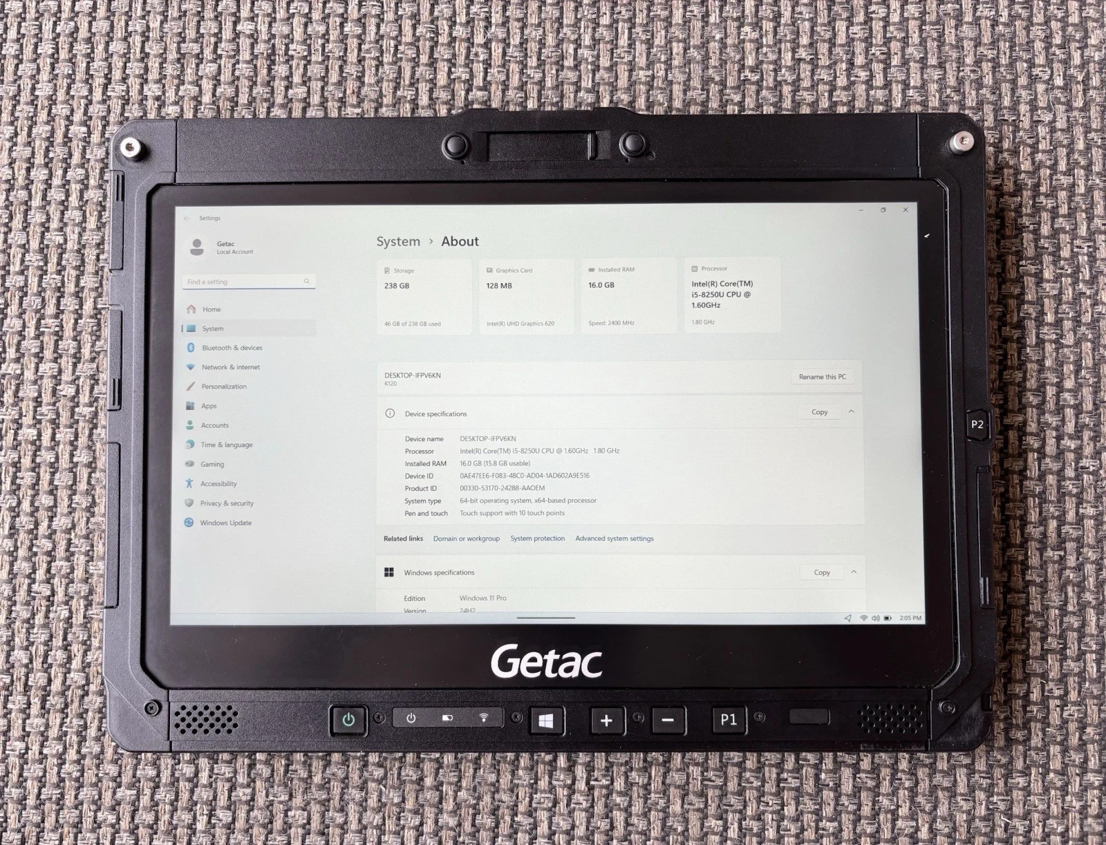 Getac K120 Rugged Tablet Touch i5-8250U 1.60Ghz 16GB 256GB SSD Win 10 pro