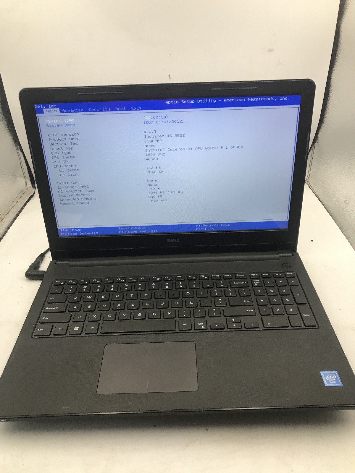 DELL INSPIRON 15 3552 – BOOTS TO BIOS – INTEL CELERON N3050 – 4GB RAM – READ -BB