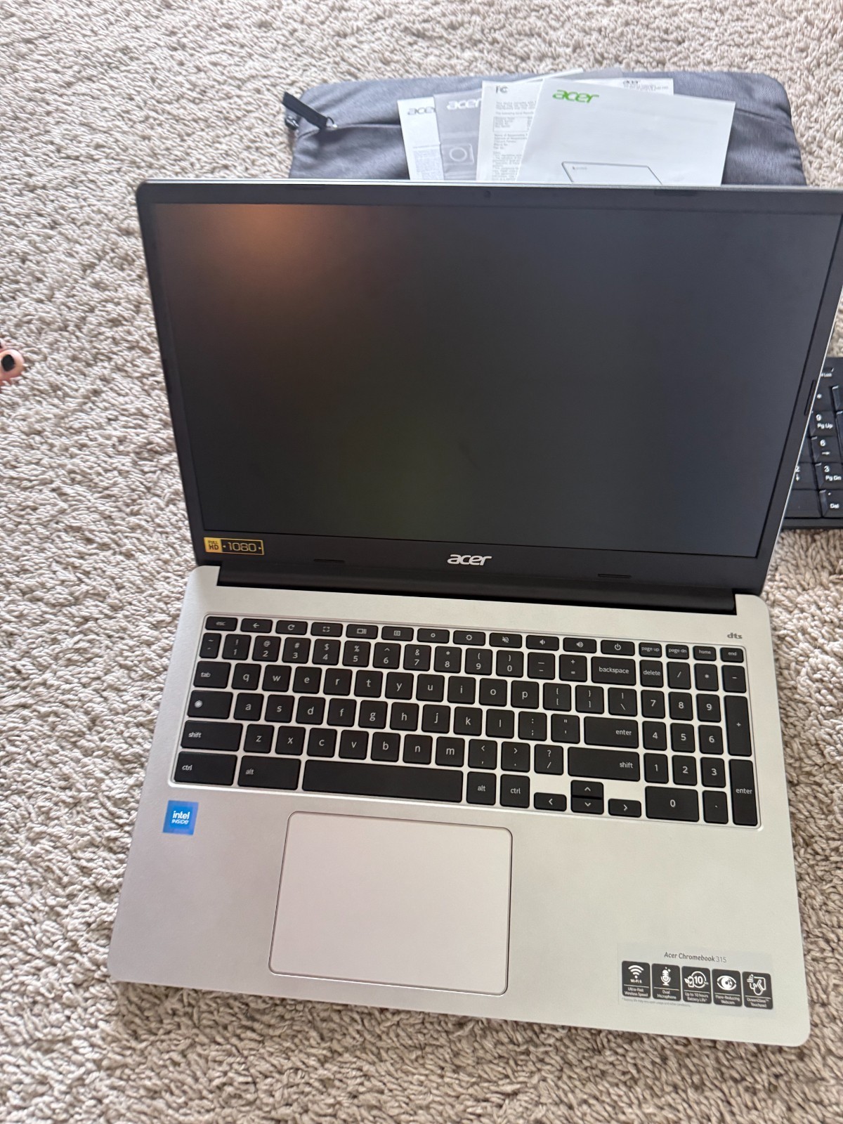 Acer Chromebook 315 with computer sleeve, charger, included a Skilcraft keyboard