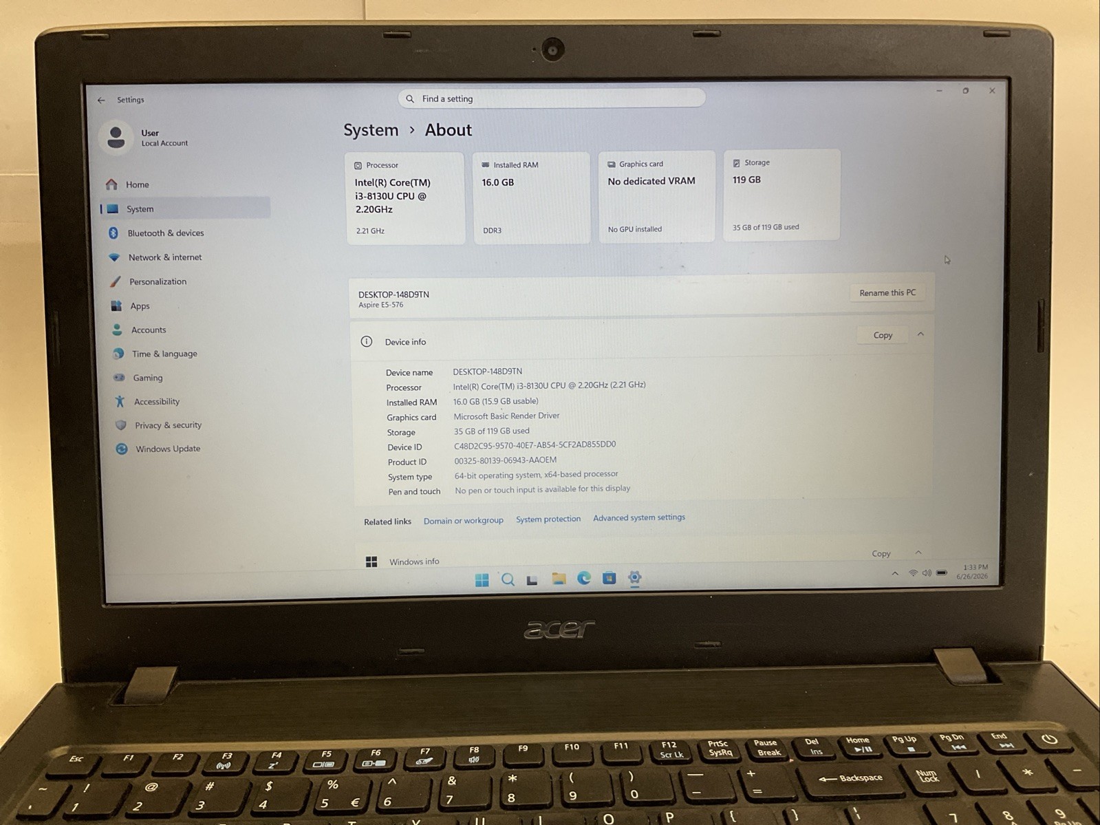 Acer Aspire E5-576 Laptop/ i3-8th Gen/ 16GB RAM/ 128GB SSD/FHD/W11/(121F)
