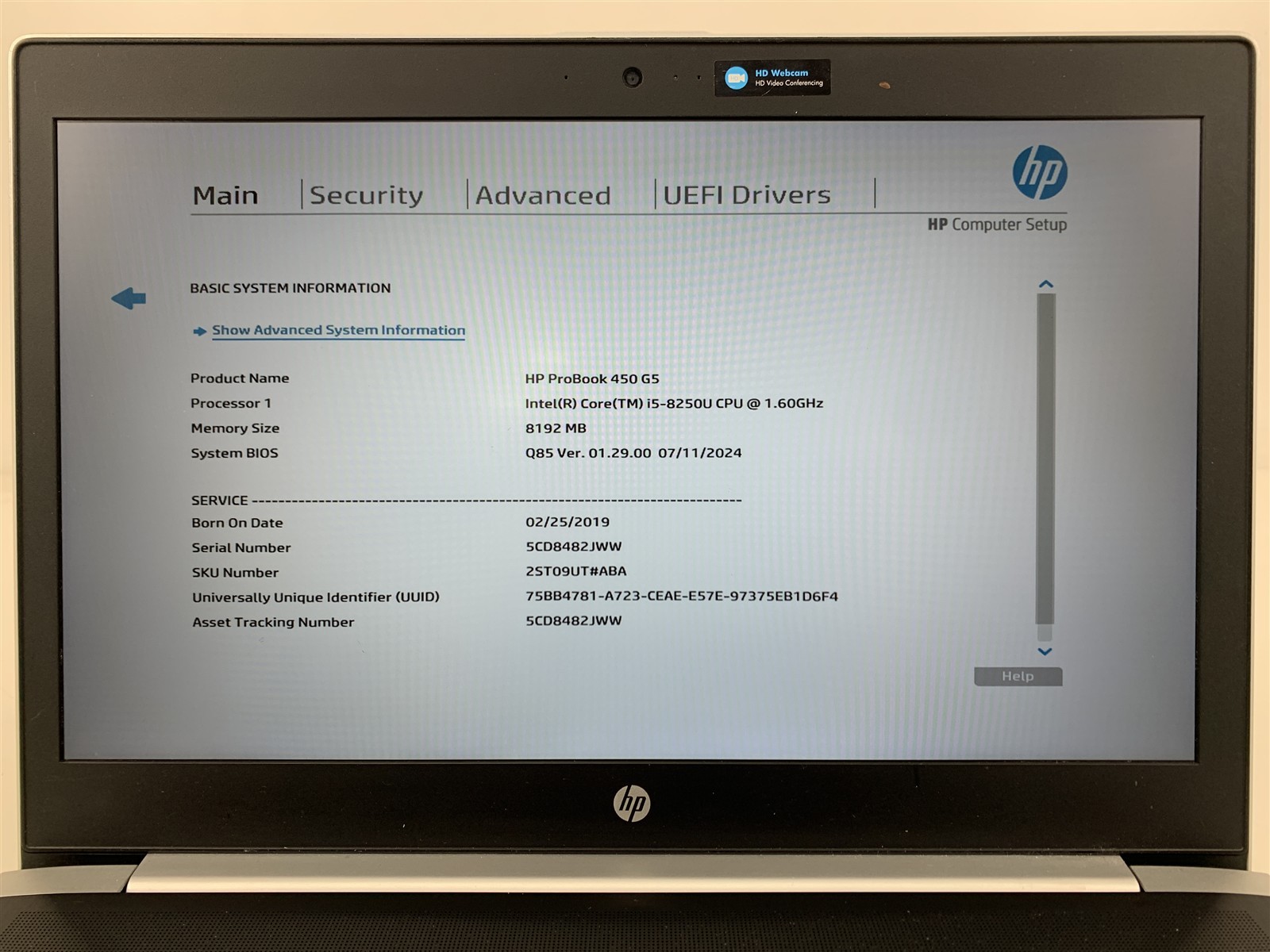 HP ProBook 450 G5 Intel i5-8250U 1.60GHz 8GB RAM 256GB NVMe M.2 SSD Windows 11