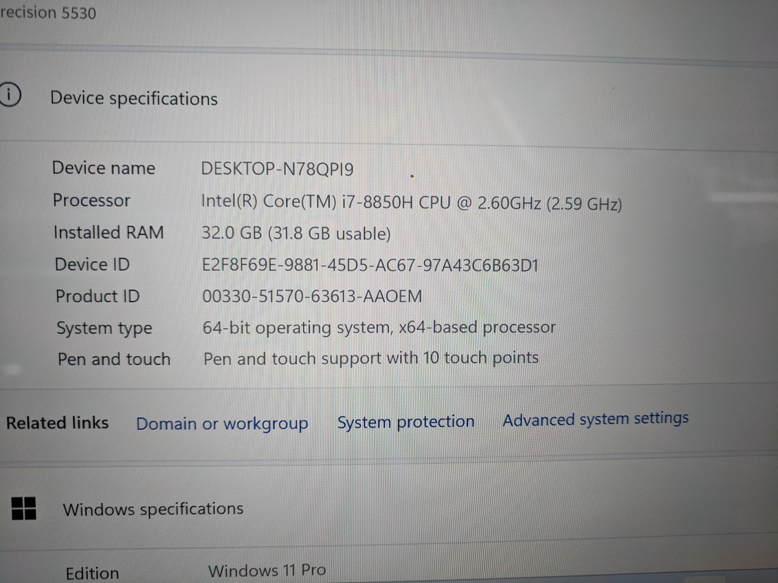 Dell Precision 5530 Laptop – i7-8850H | 32GB RAM | 512GB NVMe | 4K UHD Touch