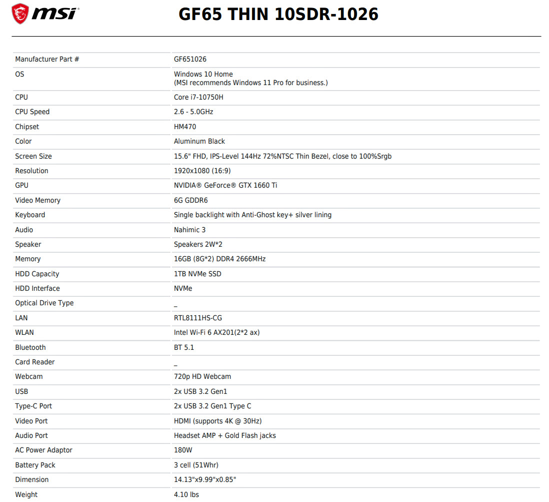 USED MSI Gaming Laptop GF65 THIN 10SDR-1026 ✅Fast/Free Shipping✅ + EXTERNAL FAN