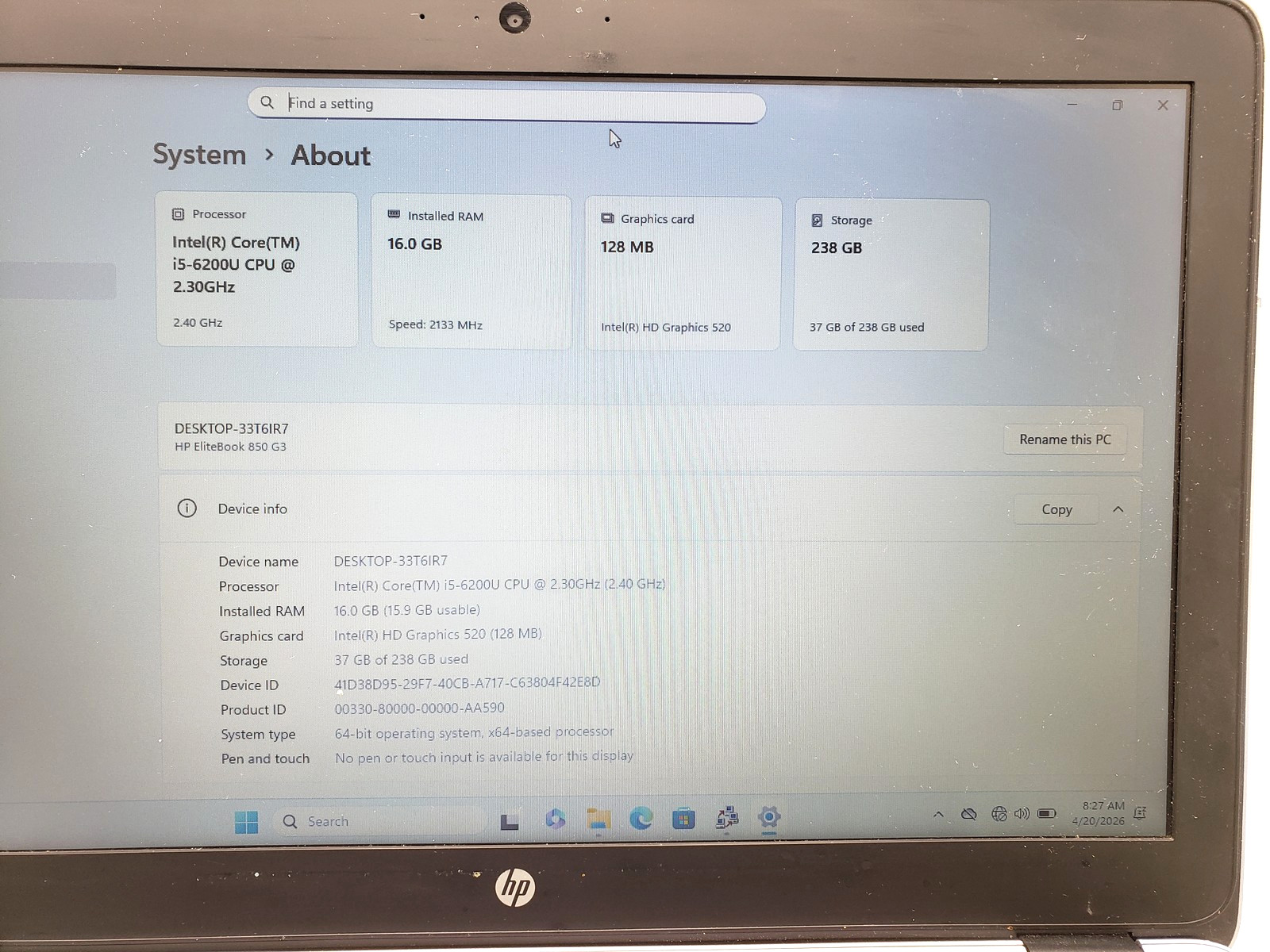 HP EliteBook 850 G3 i5-6200U 8GB RAM 128GB SSD 15.6″ Laptop PC Win 11 Pro.