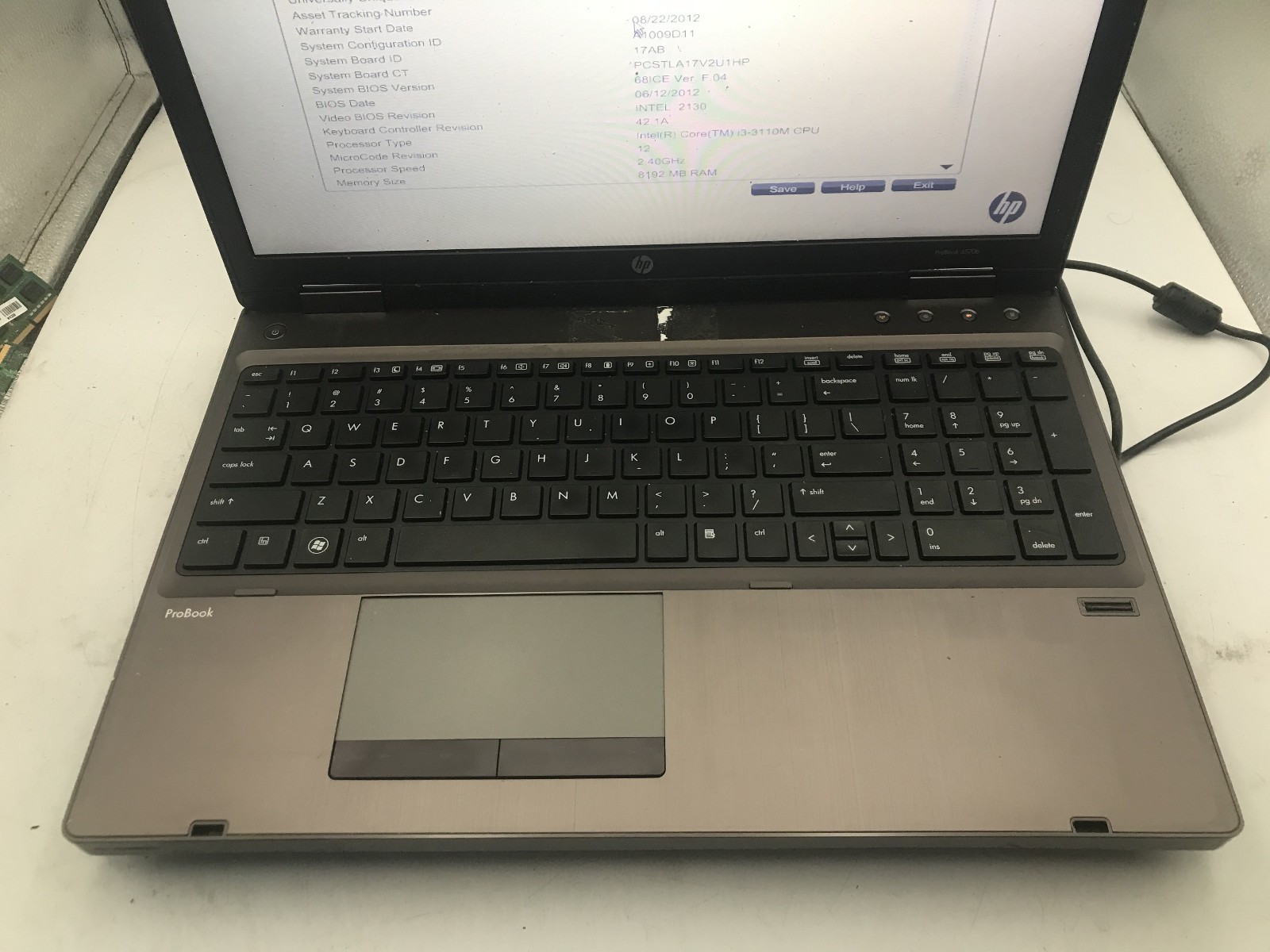 HP PROBOOK 6570B – BOOTS TO BIOS – INTEL I5 3340M – NO RAM – READ – BB