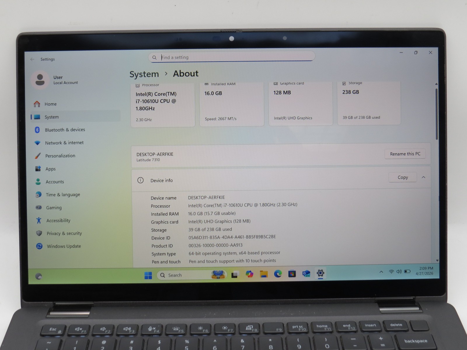 Dell Latitude 7310 i7-10610U @ 2.3GHz 16GB / 256GB m2 13.3 touch Win 11
