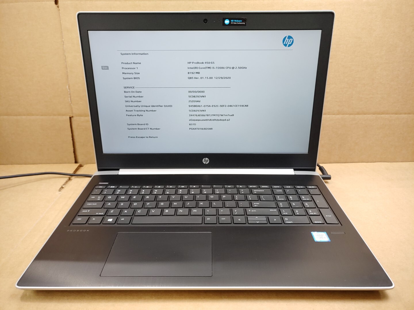 HP ProBook 450 G5 15.6″ Intel i5-7200U✔ **NO RAM/NO HDD/NO AC** *BIOS PASSWORD*