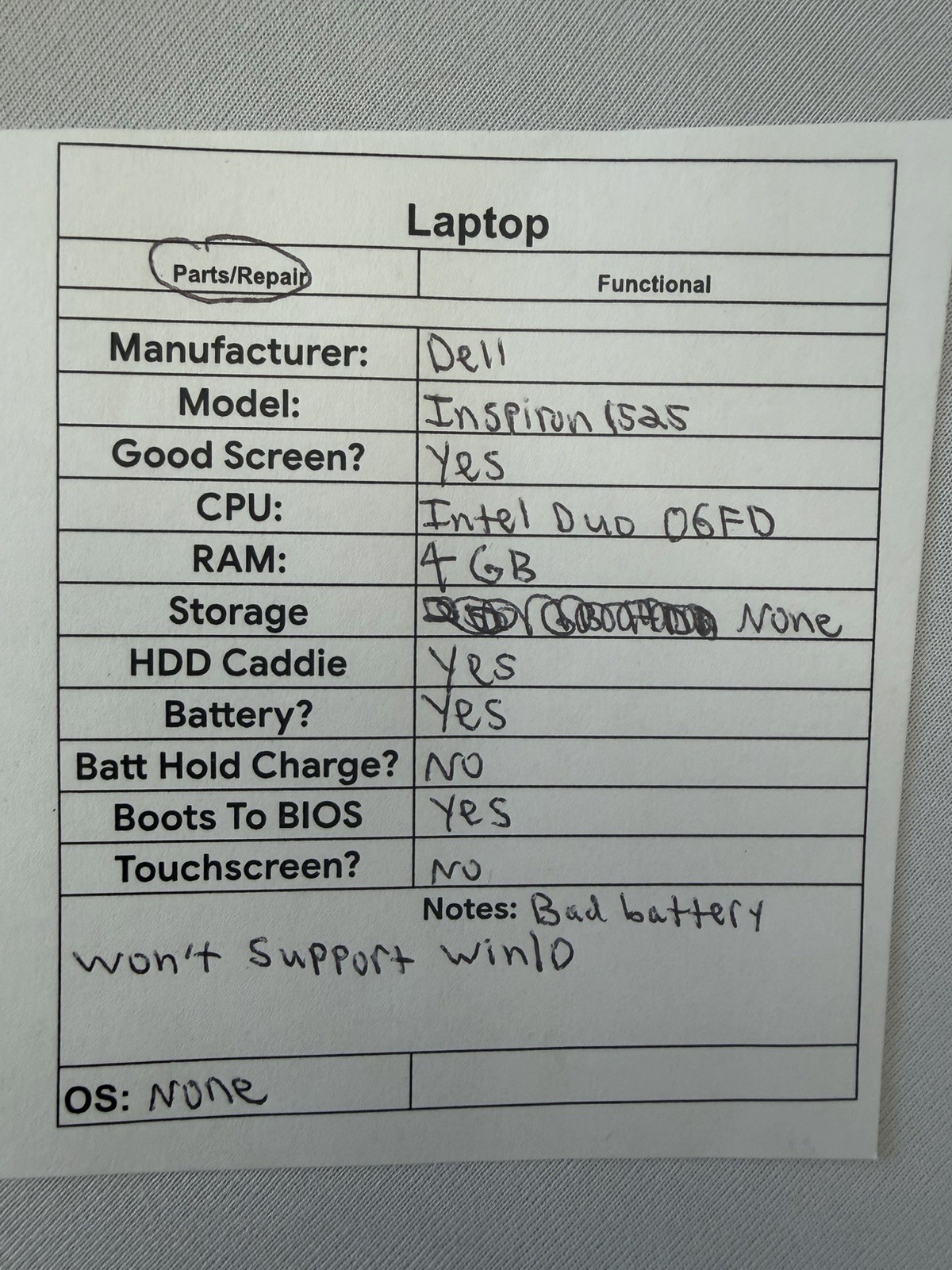 Dell Inspiron 1525 Laptop – Good Screen – Intel Duo 06FD – RAM 4GB – Read Des