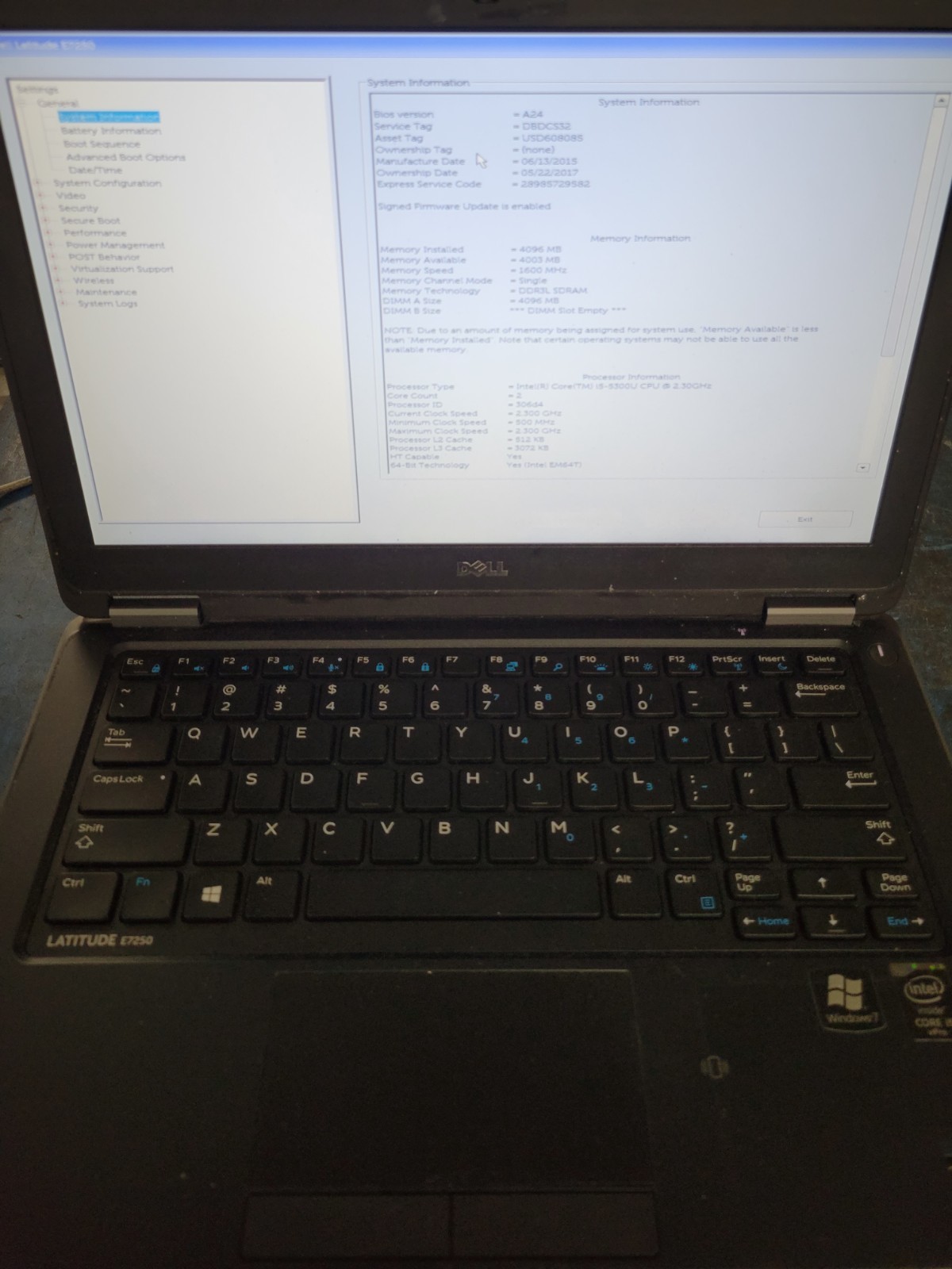 Dell Latitude E7250 i5-5300U@2.3GHz 4GB RAM *NO COVER/SSD/OS/BATT/AS IS* | LP517