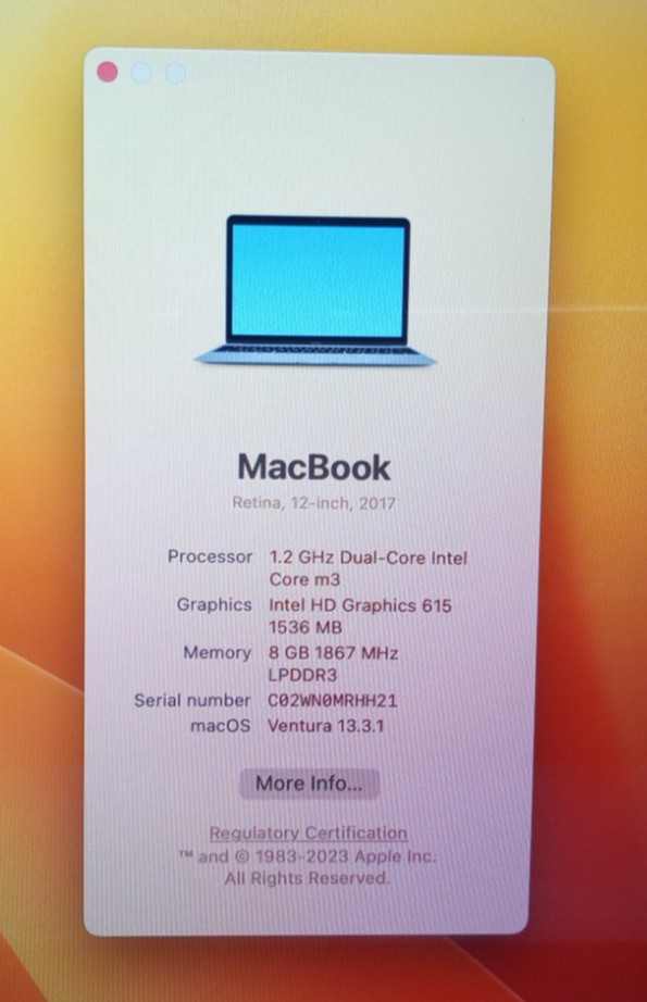 Apple Macbook A1534 M3-7Y32@1.10GHz 8GB RAM/256GB NVMe Mac OS Ventura WH896*!