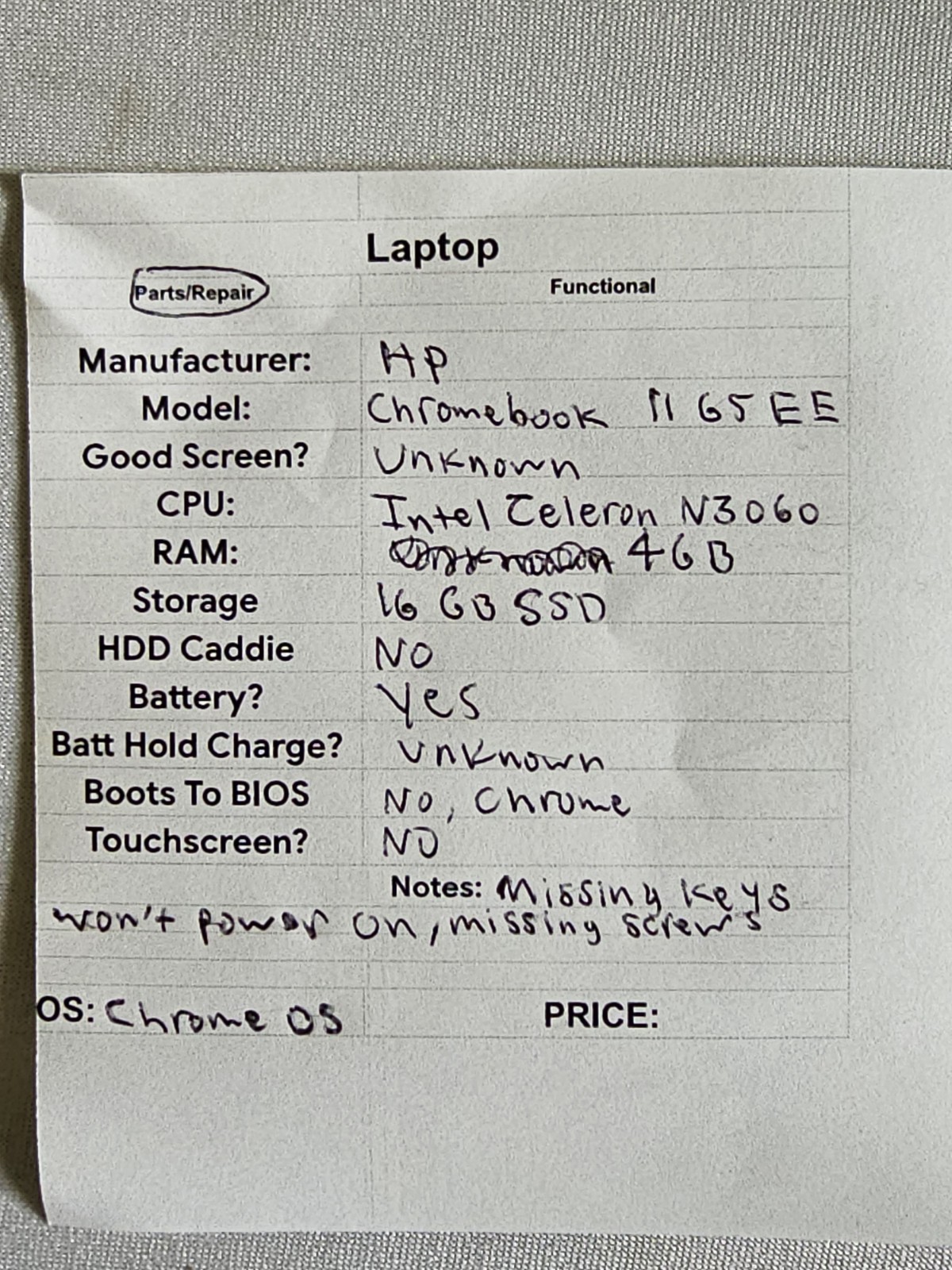 HP Chromebook 11 G5EE Laptop – WON’T POWER ON – READ DESC – Parts/Repair