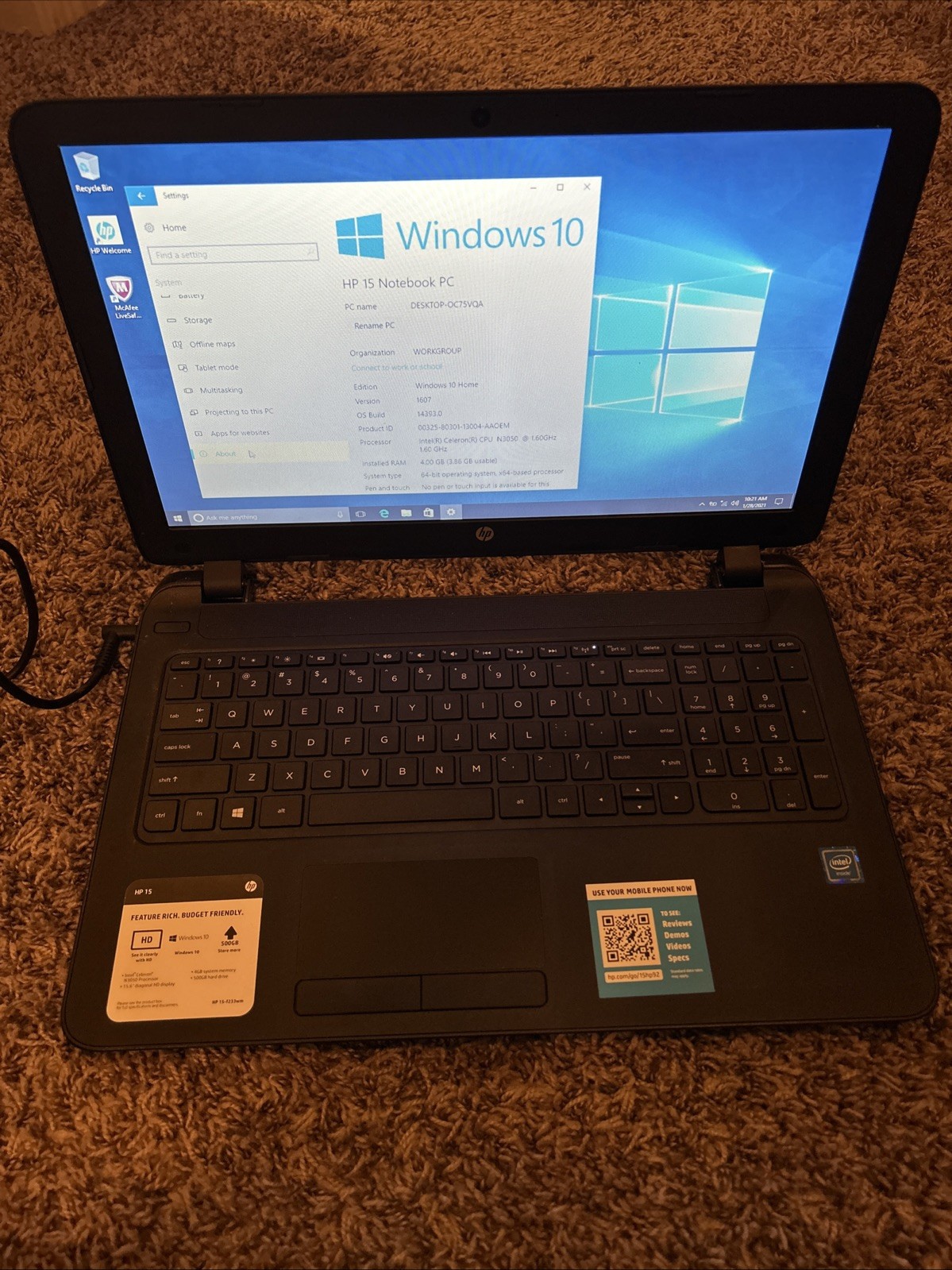 HP 15 Notebook Model RTL8188EE Tested And Working. Includes Charger 4G Ram