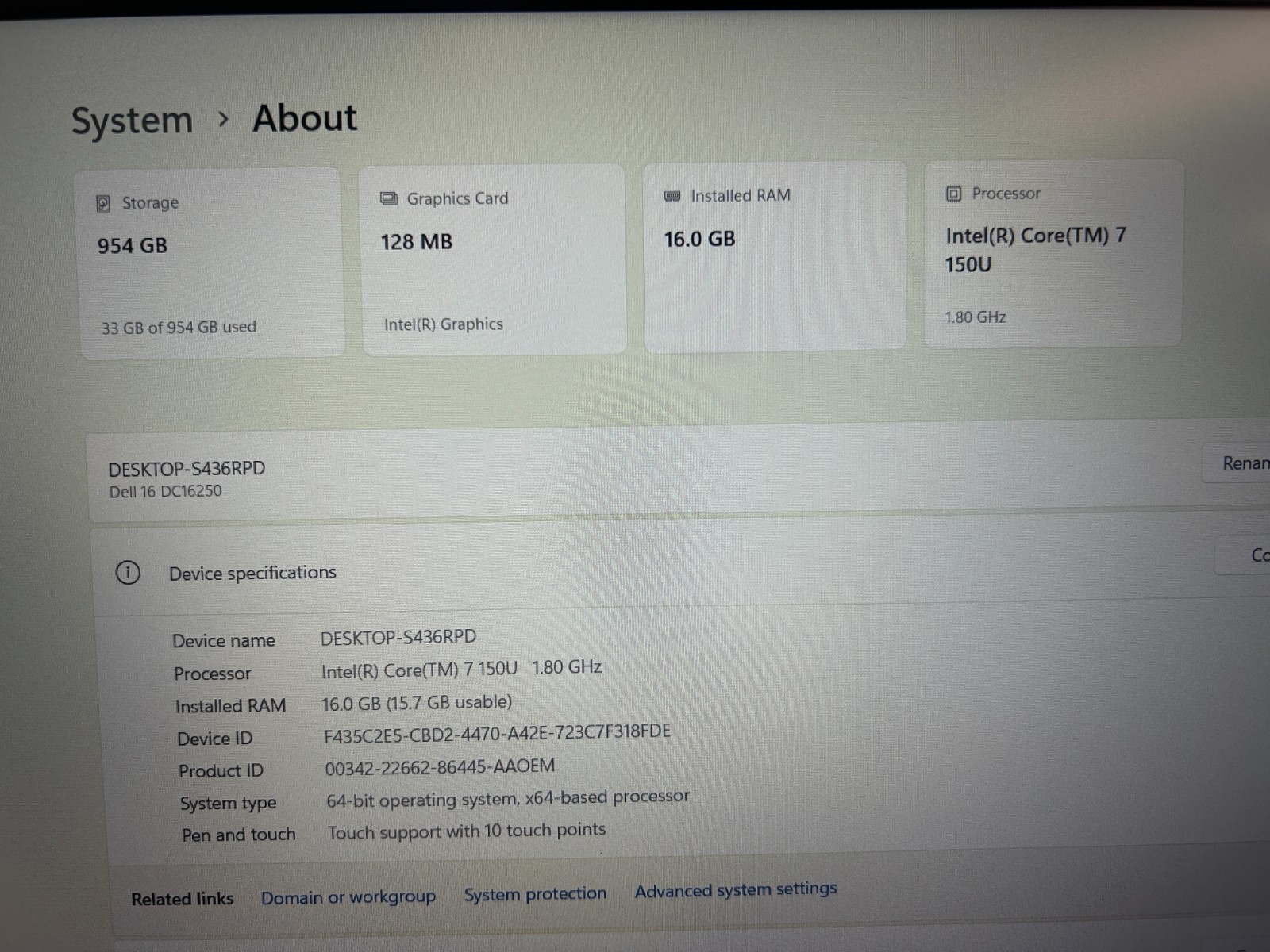DELL 16 DC16250 MRYT3, Intel Core 7 150U, 1.80 GHz, 16 GB RAM, 1 TB NVMe SSD