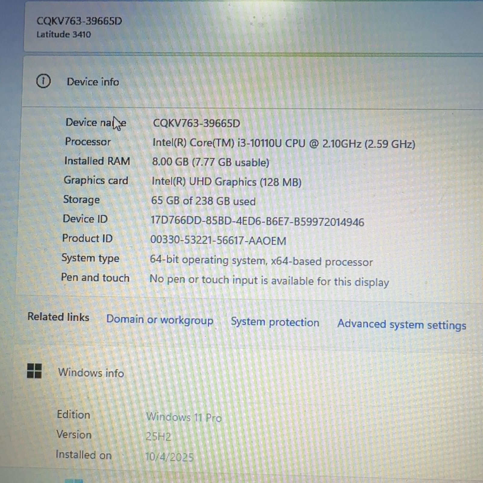 Dell Latitude 3410 14″ Laptop i3-10110U 8GB RAM 256GB NVMe SSD Win 11 Pro