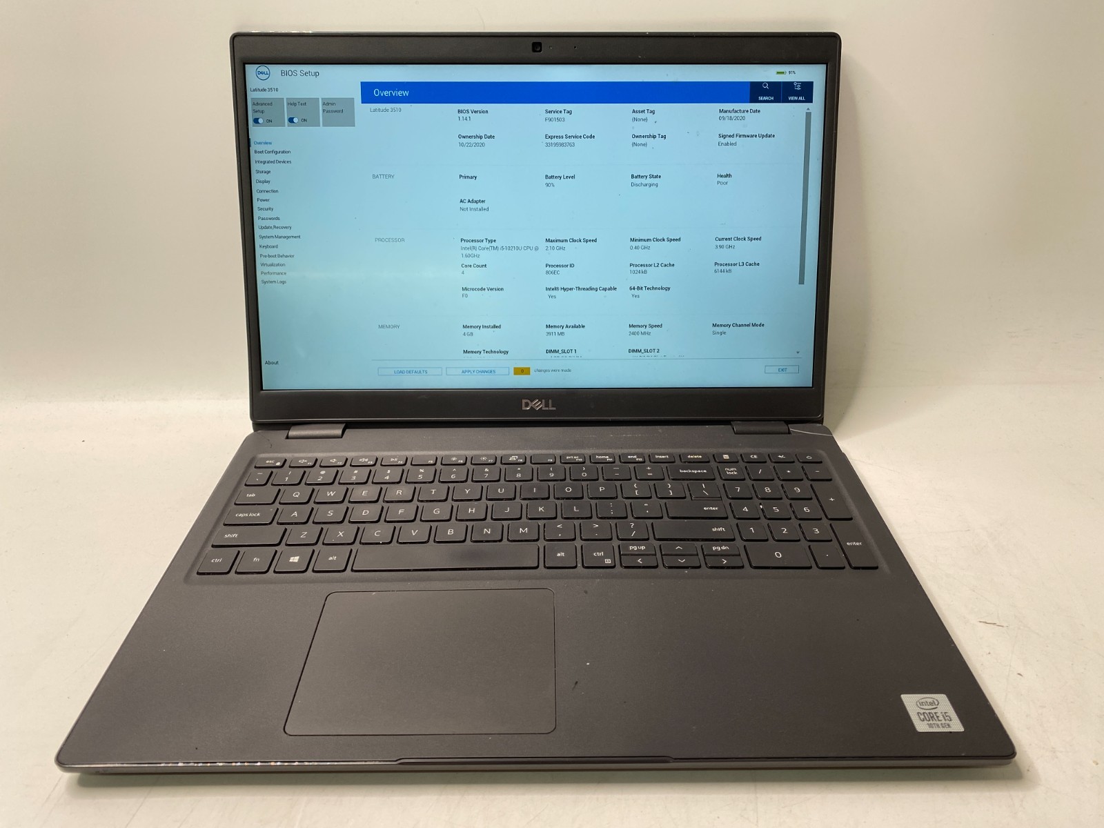 Dell Latitude 3510 15.6″ i5-10210U 4GB DDR4 No OS/SSD – Broken Corner PARTS