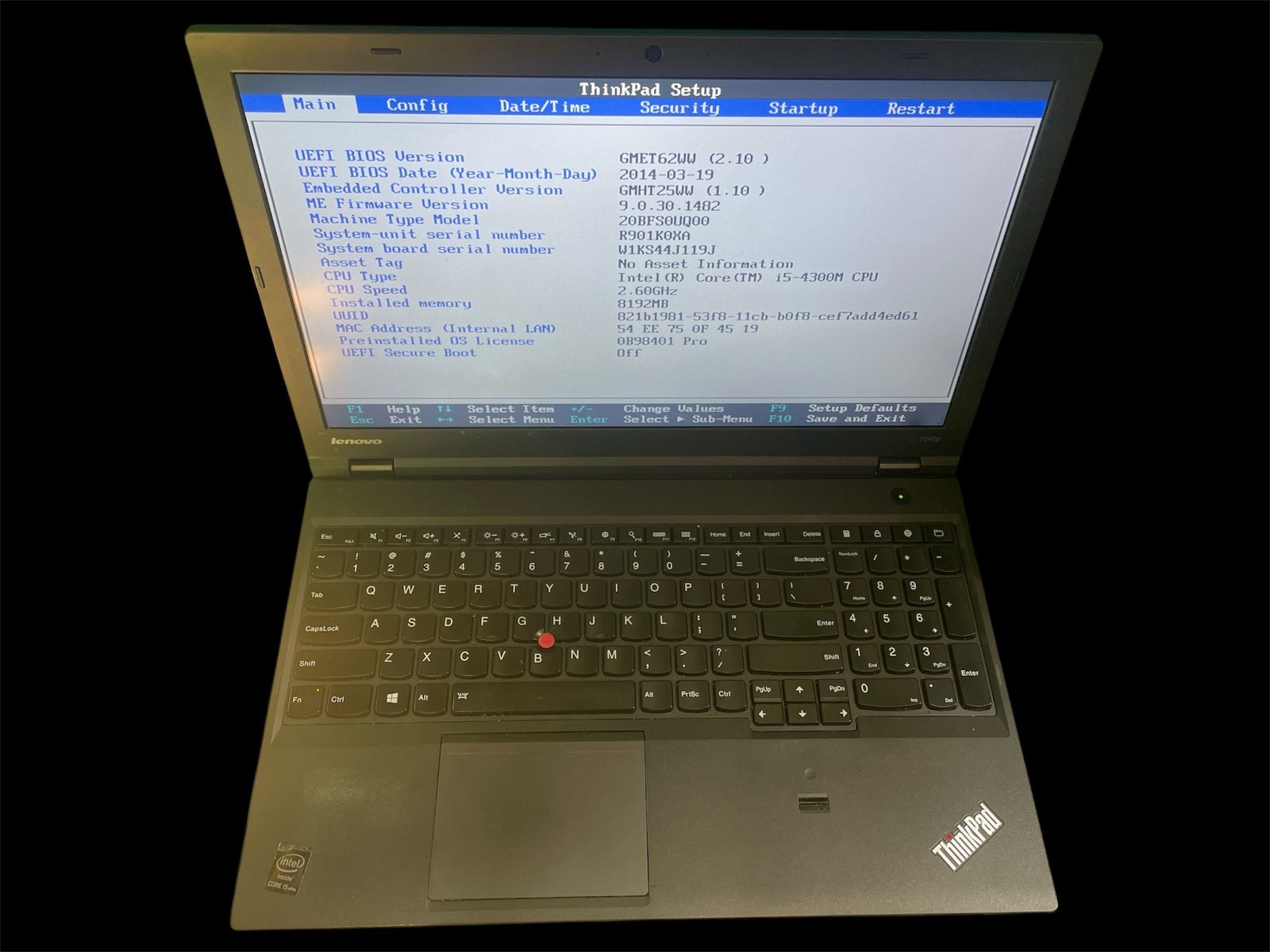 Lenovo ThinkPad T540p 15.6″ Intel i5-4300 2.6GHz 8GB RAM FOR PARTS OR REPAIR