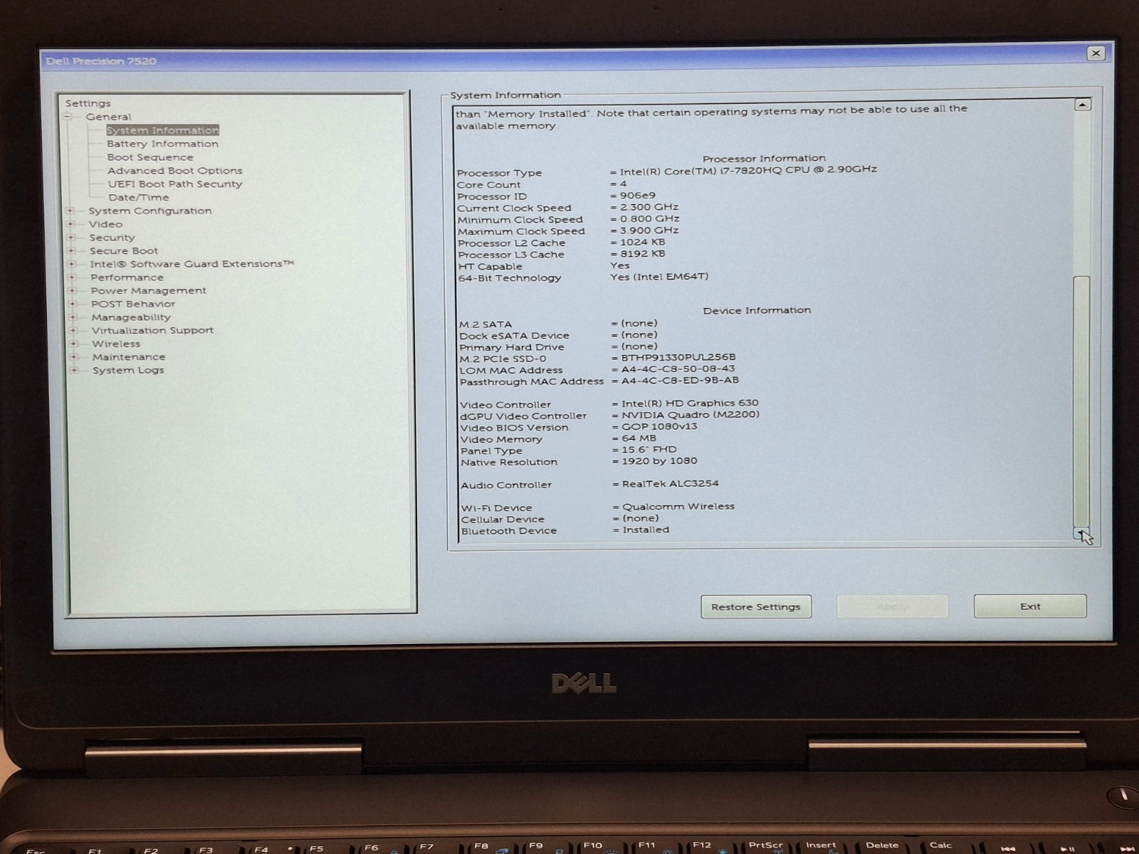 Dell Precision 7520 15.6 FHD i7-7820HQ 2.90GHz 16GB 256GB SSD Quadro M2200