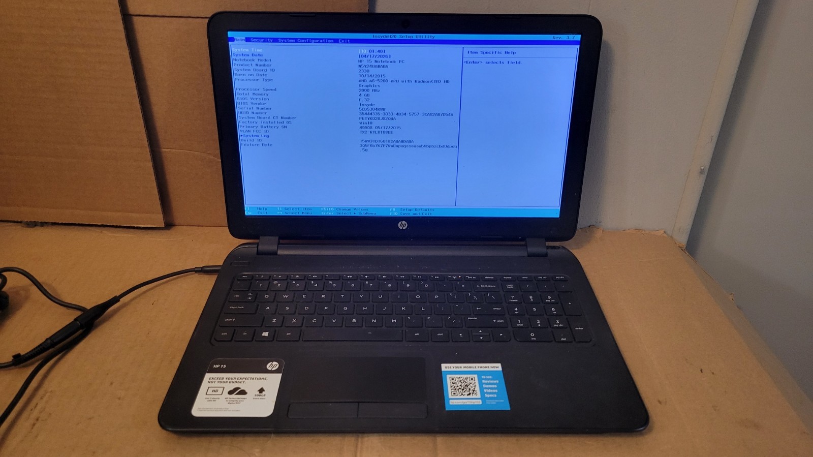 HP 15-F305DX AMD A6-5200 2000MHz 4 GB NO HDD / Charger –For Repair–