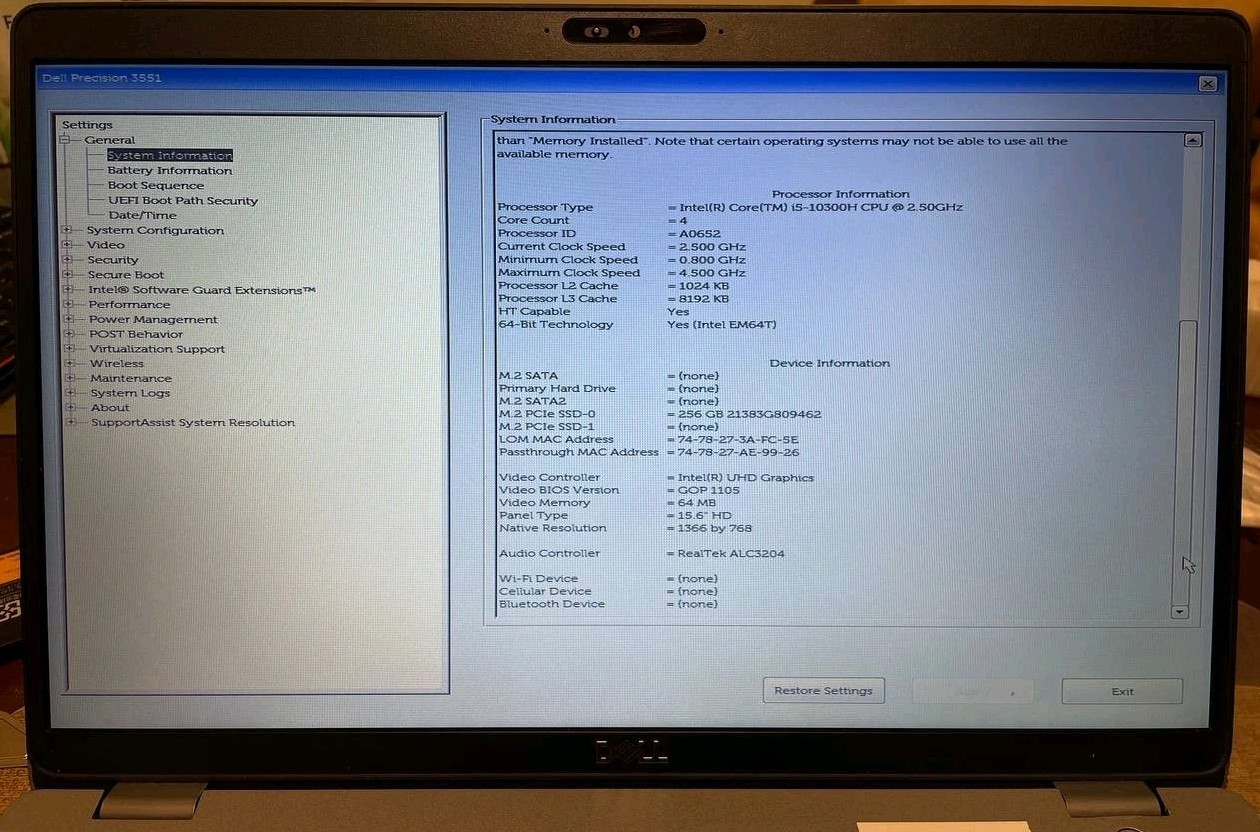Dell Precision 15 3551 (256GB SSD Intel Core i5-10300H 2.6GHz 16GB RAM) Win 11