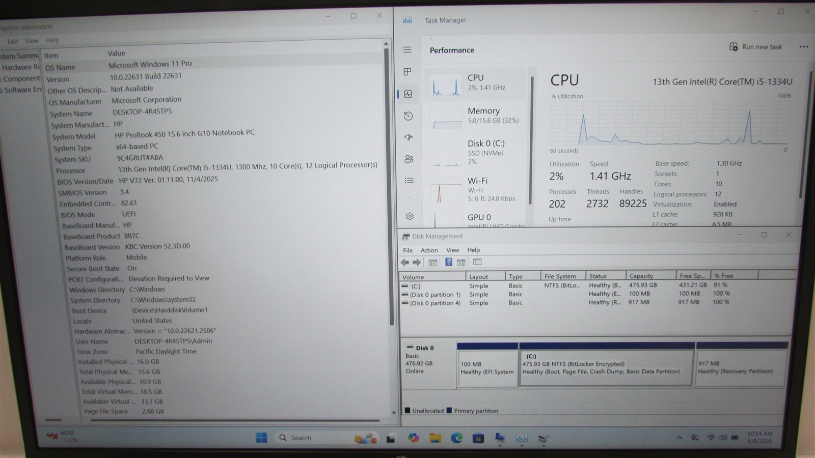 HP Probook 450 G10 i5-1334U 1.3GHz 16GB RAM 512GB NVME 15.6″ W11P Touch MISS KEY