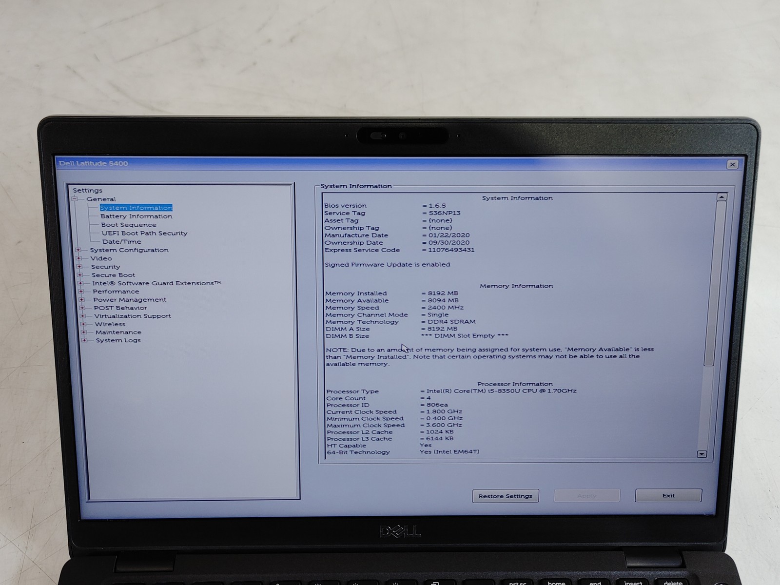 Dell Latitude 5400 Core i5-8350U 1.70 GHz 8 GB DDR4 No HDD