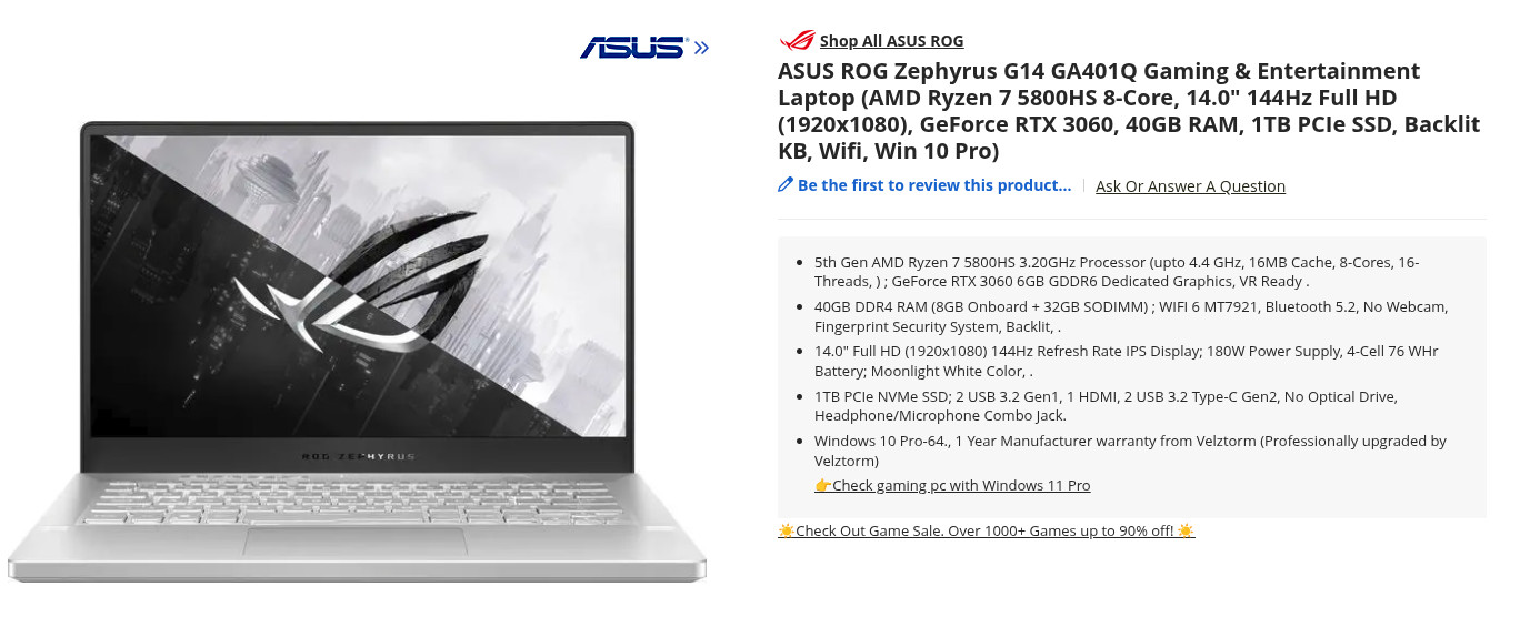 ASUS ROG Zephyrus G14 GA401Q | Ryzen 7 5800HS | RTX 3060 | 40GB RAM | 1TB SSD