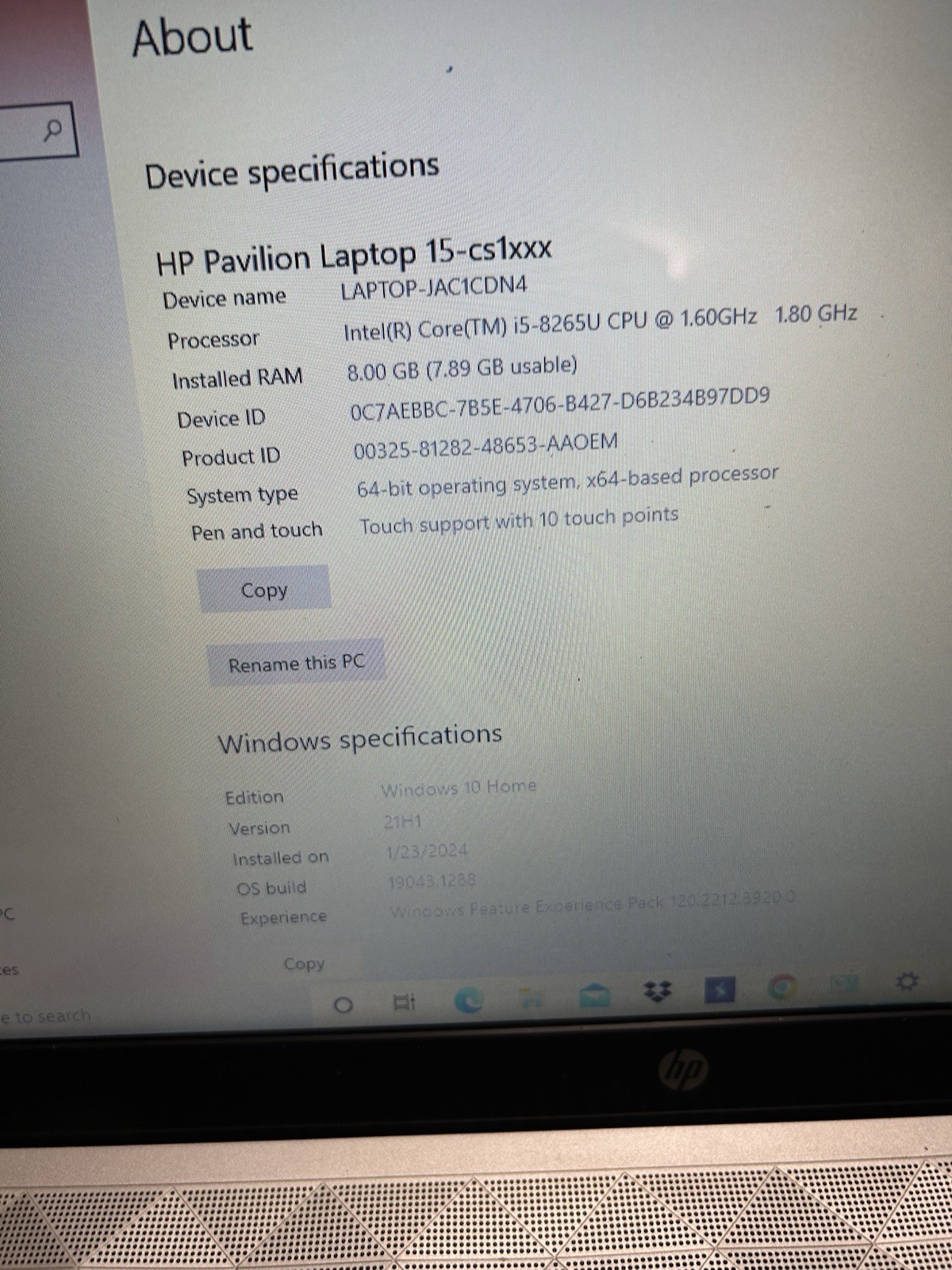 HP PAVILION 15-CS1063CL | CORE i5-8265U | 1 TB | 8GB | W/ POWER ADAPTER