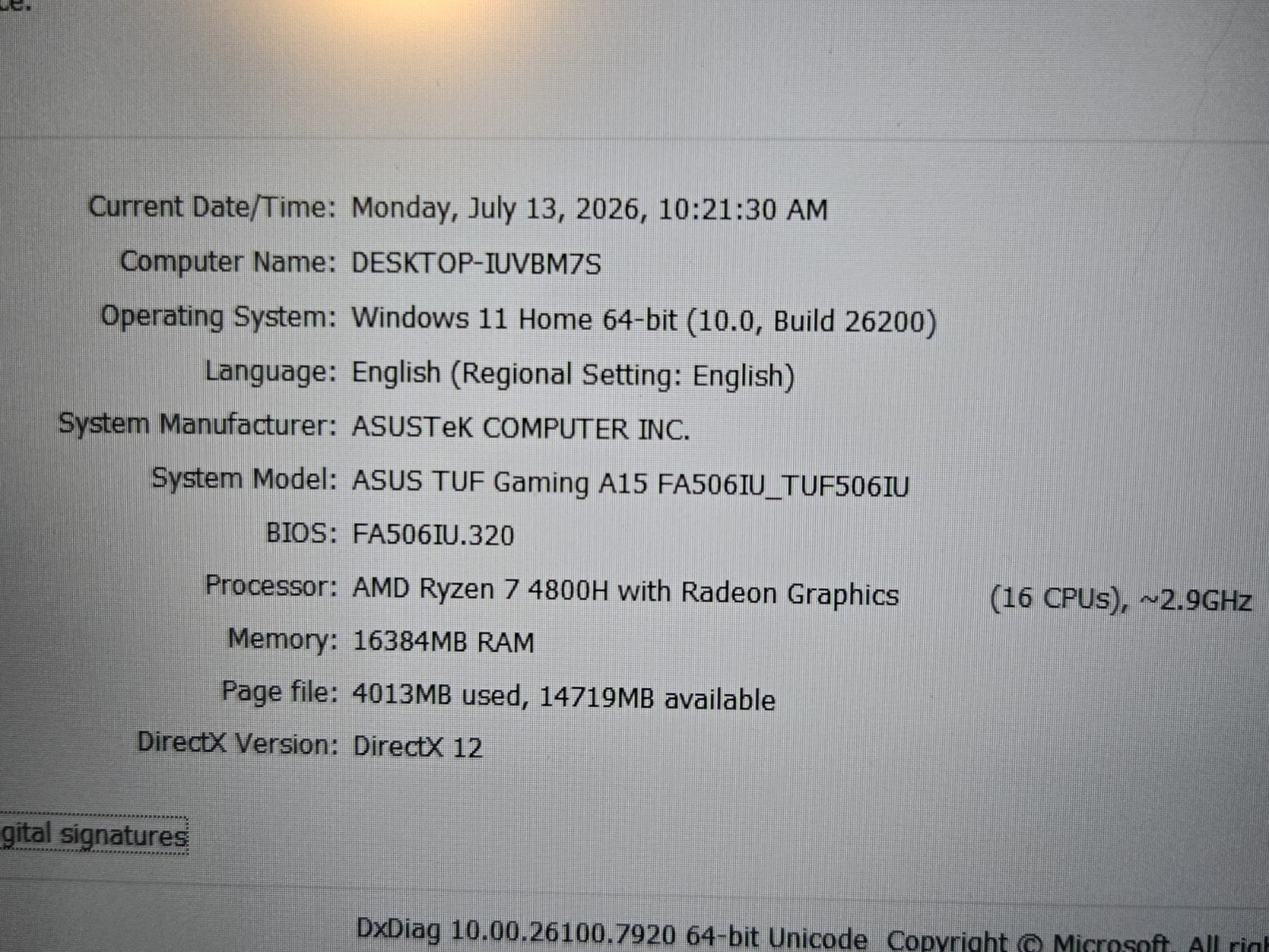 Asus TUF GAMING RYZEN-4800H 16GB 512GB-NVMe + 1TB-HDD W11P Charger *Error, READ*