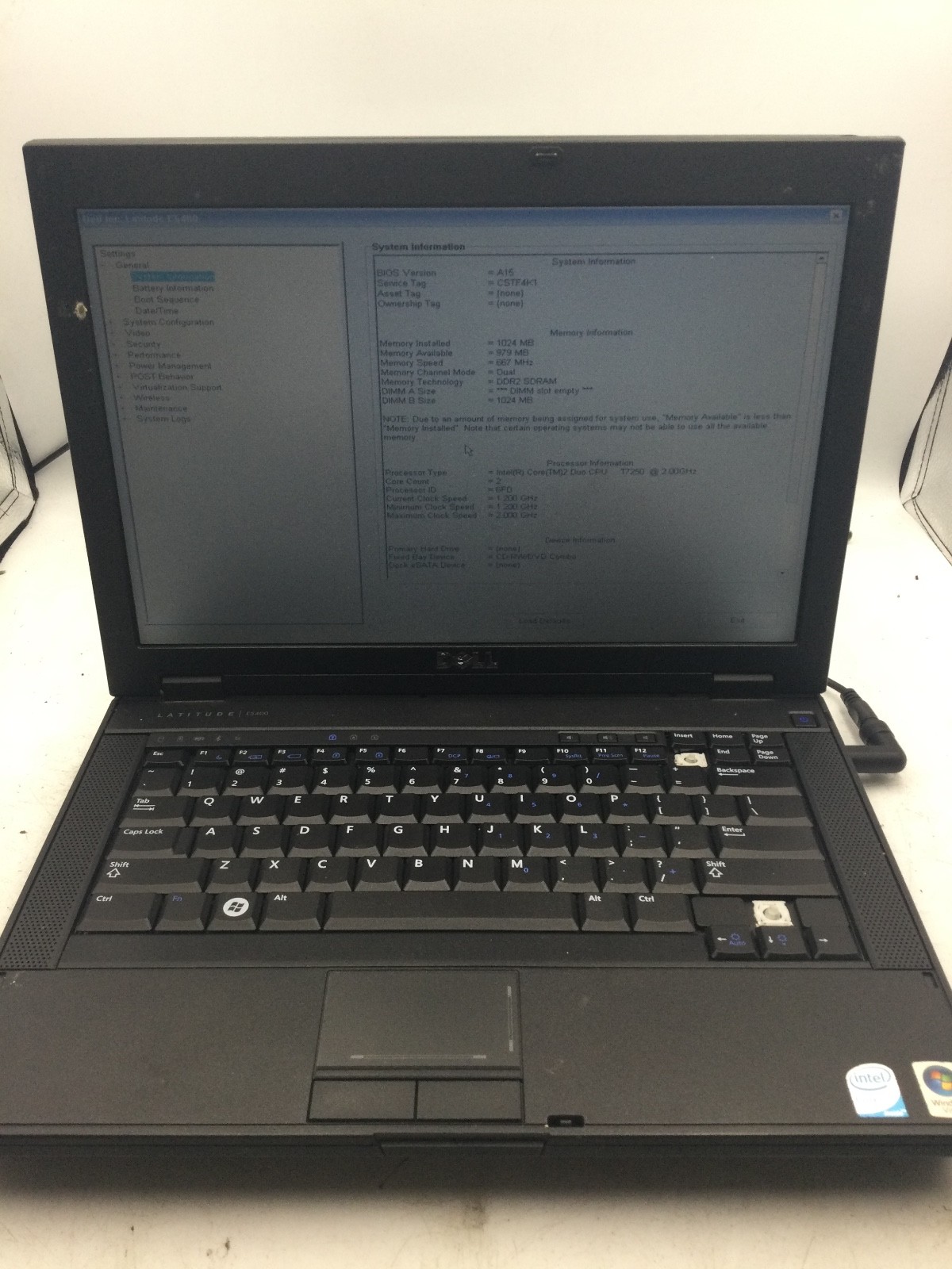 DELL LATITUDE E5400 – BOOTS TO BIOS – INTEL CORE 2 DUO – NO RAM – 14″ – READ-BB