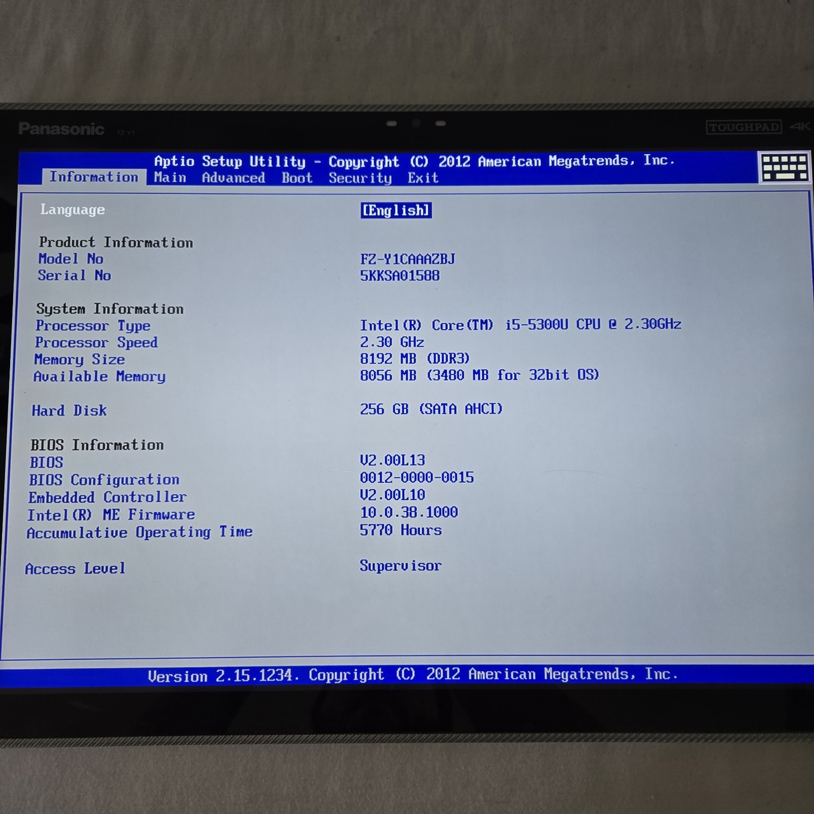 Panasonic TOUGHPAD FZ-Y1 i5-5300u 2.3GHz 256GB SSD 8GB Ram 4k 20in – READ
