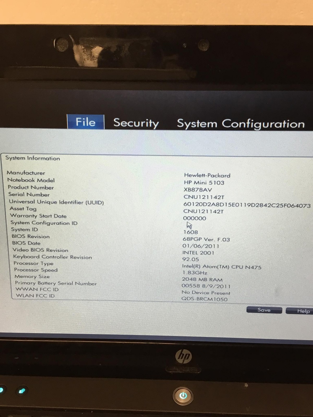 HP Mini 5103 Intel Atom Cpu N475 1.83GHz 10″ Laptop w/2GB, Ac Adapter, FREE SHIP