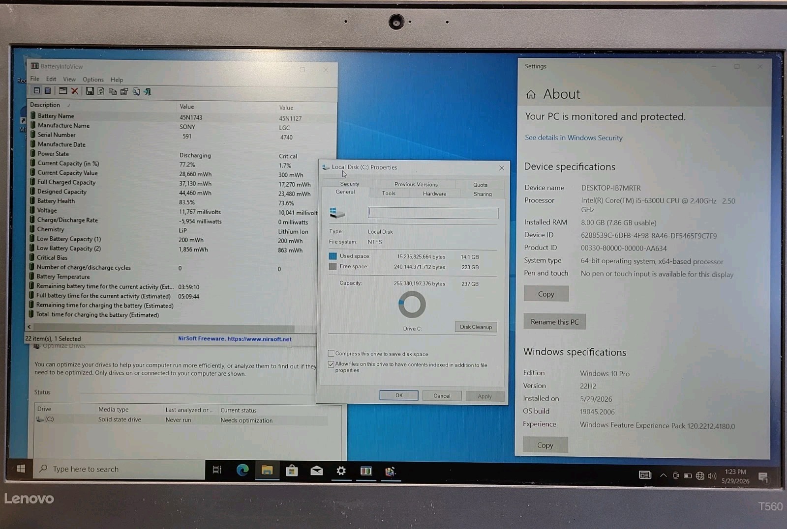 Lenovo ThinkPad T560, Intel Core i5-6300U @ 2.4GHz, 8GB RAM, 256GB SSD, W10P