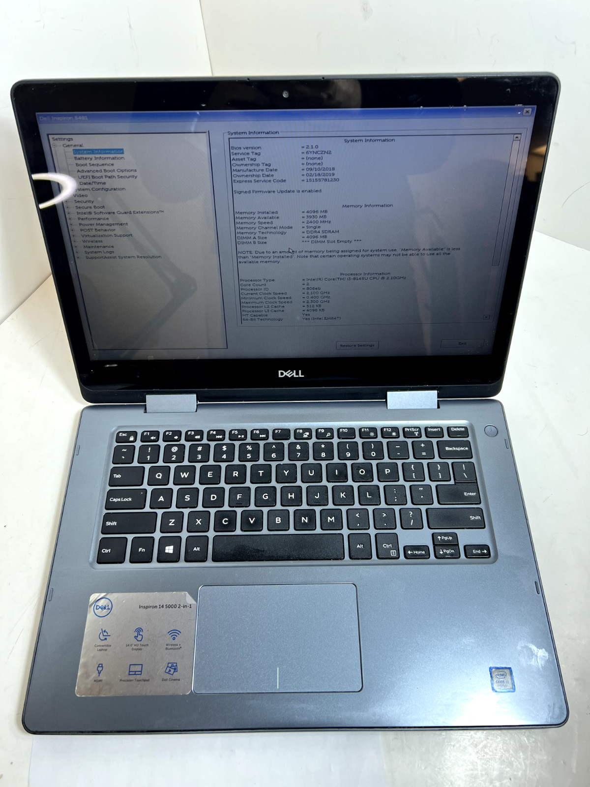 Dell Inspiron 5481 2-in-1 Laptop i3-8145U 2.10GHz 4GB RAM 256GB SSD W11H Touch!!