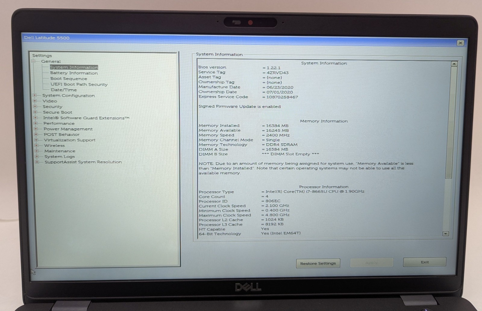 Incomplete Dell Latitude 5500 15.6″ Laptop Intel Core i7-8665U 1.90GHz 16GB RAM