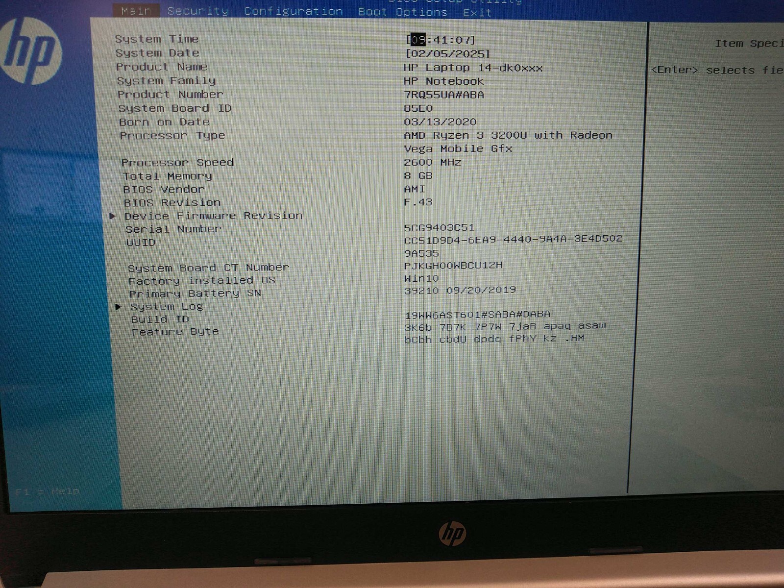 HP Laptop 14-dk0731ms Ryzen3 3200U 2.6GHz 8gb ram 128gb SSD charger 5CG9403C51