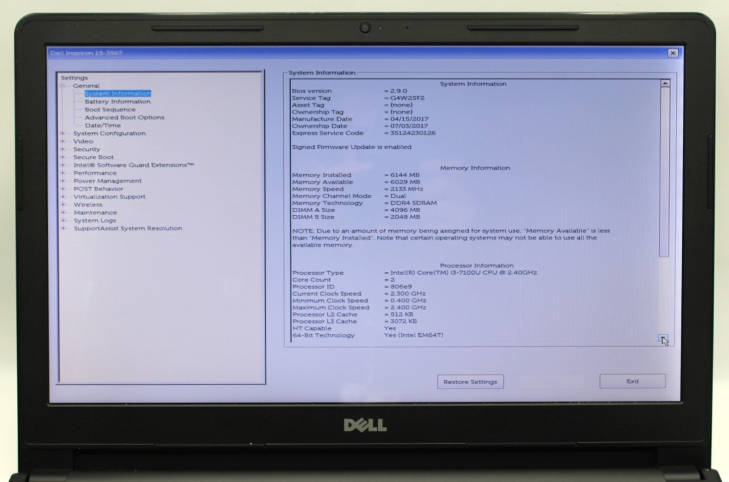 Dell Inspiron 15 3567 i3-7100U@2.4GHz 6GB DDR4 NO STORAGE/OS *USED/TESTED*