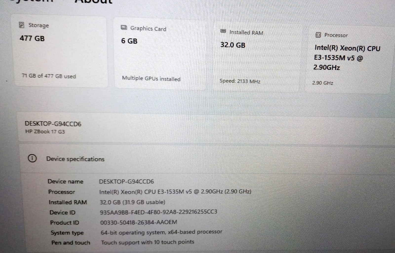 HP ZBook 17 G3 laptop E3-1535M 2.9-3.8Ghz 32GB 512GB NVIDIA P3000 Touchscreen