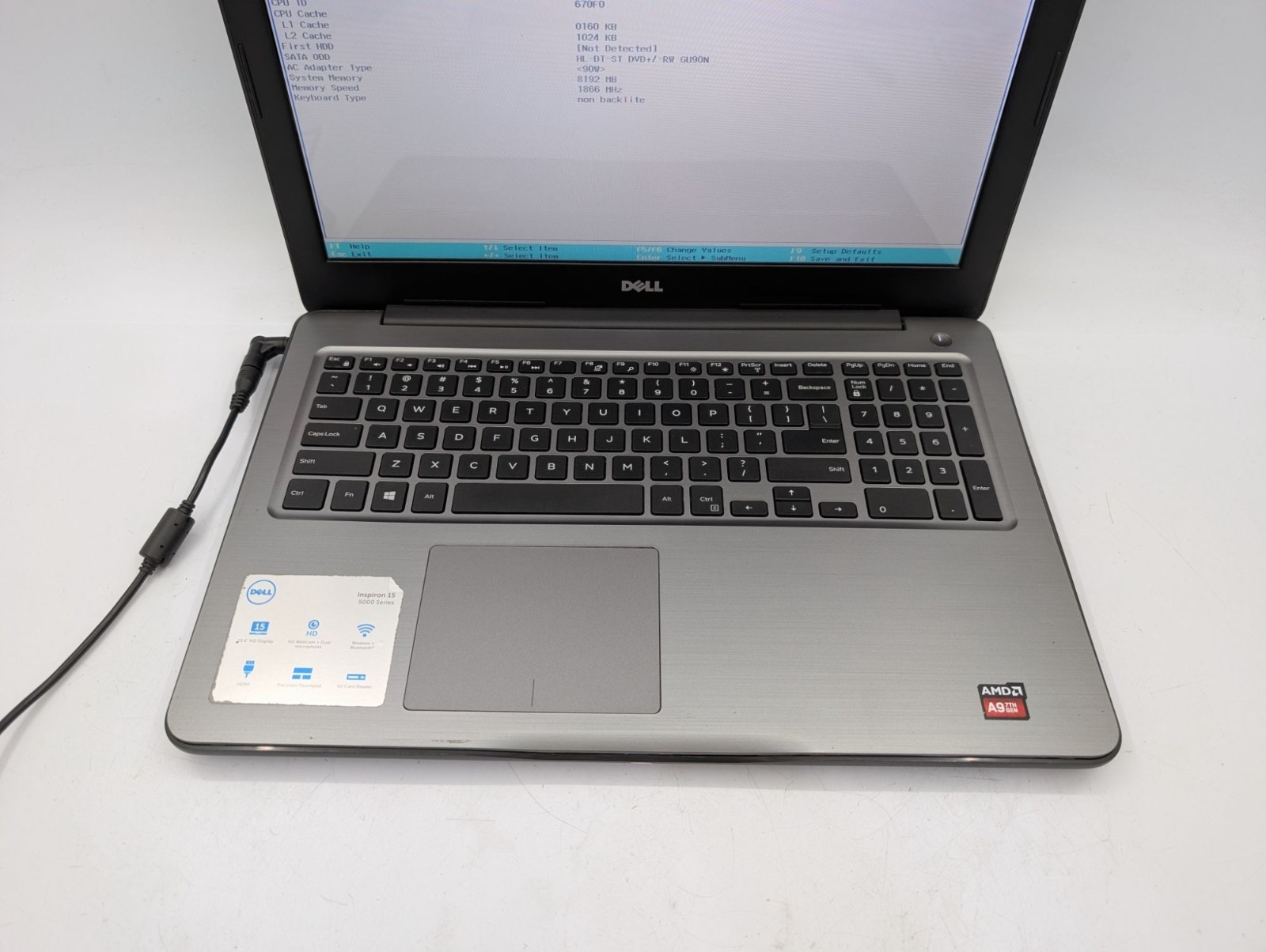 Dell Inspiron 5565 15.6″ Laptop A9-9400 No RAM No SSD Missing HDD Connector