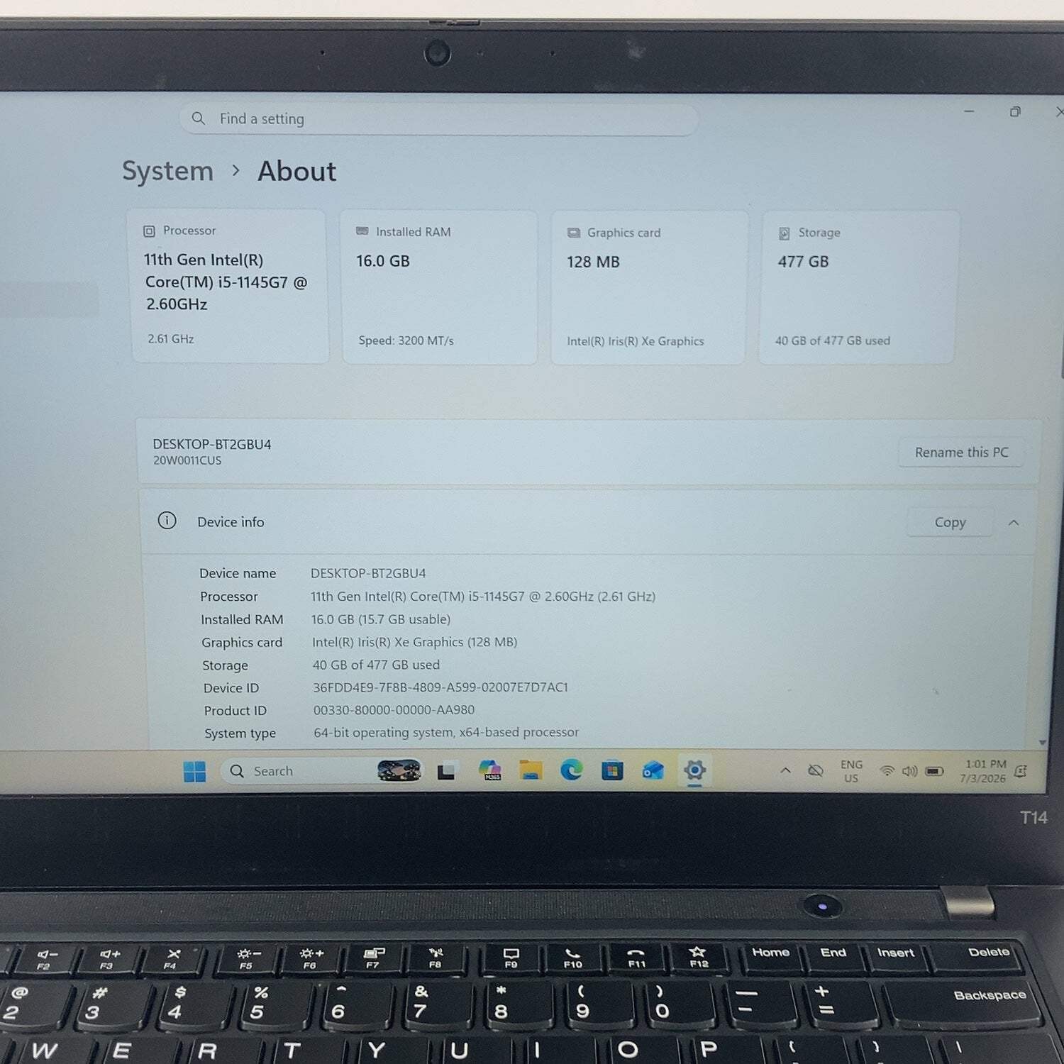 Lenovo ThinkPad T14 Gen 2 20W0011CUS 14″ i5-1145G7 2.6GHz 16GB RAM 512GB SSD