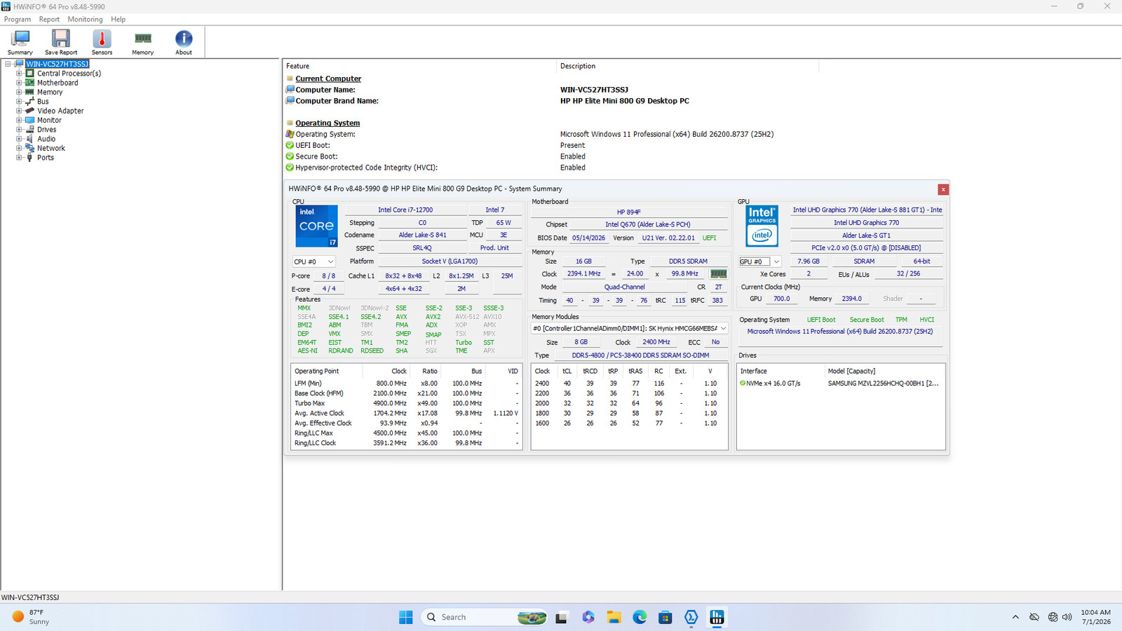 HP Elite Mini 800 G9 I7-12700 256GB SSD 16GB W11P