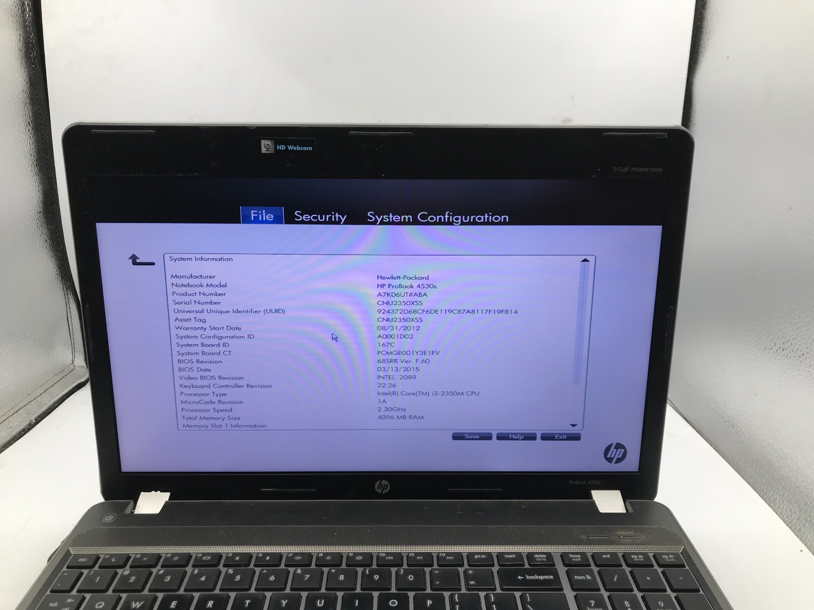 HP PROBOOK 4530S – BOOTS TO BIOS – INTEL I3 2350M – NO RAM -READ DESCRIPTION- BB