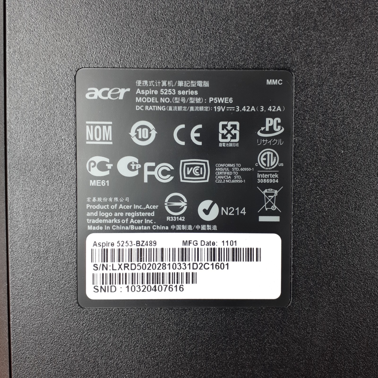 Acer Aspire 5253-BZ489 P5WE6 15.6″ Laptop AMD C50 3GB RAM 320GB Boots/Bios H3906