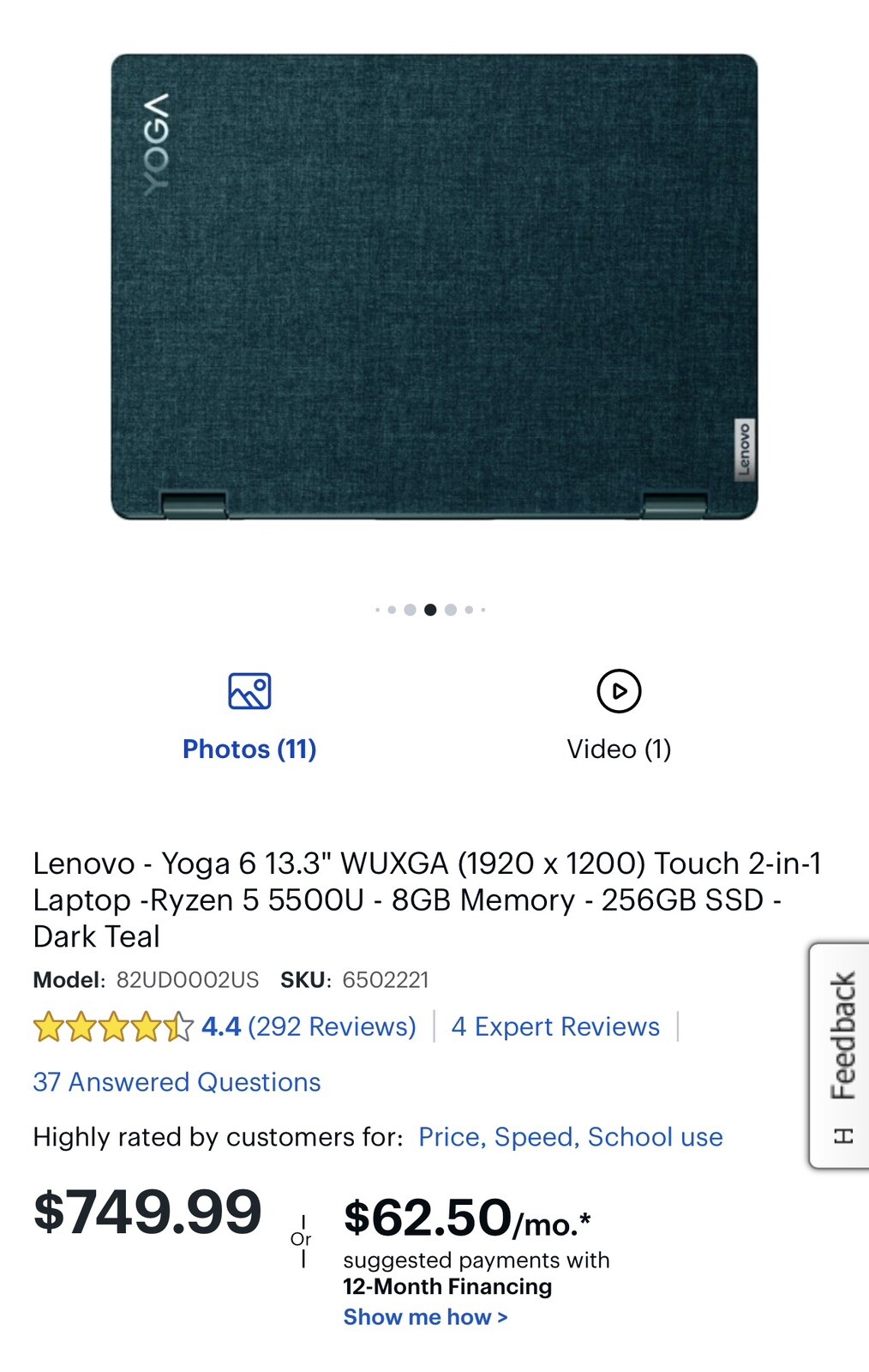 Lenovo Yoga 6 13ALC7 13.3″ (256GB SSD, AMD Ryzen 5 5000 Series, 4.0 GHz, 8GB)…