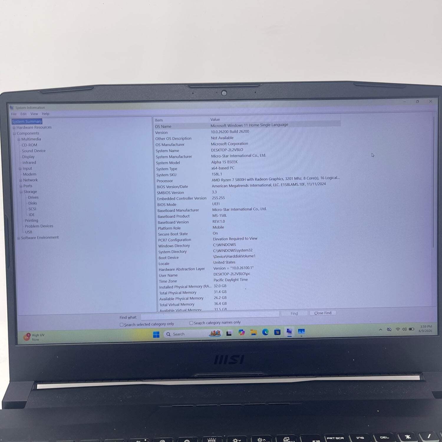 MSI Alpha 15 B5EEK 15.6″ Ryzen 7 5800H 3.2GHz 32GB RAM 1TB SSD AMD RX 6600M