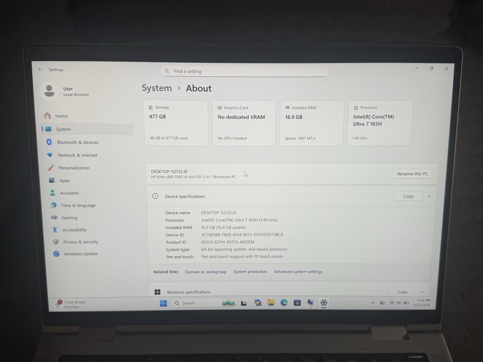 HP Elite x3601040G11 U7-165H 14in 16GB/512SSD Win11Pro Notebook Silver