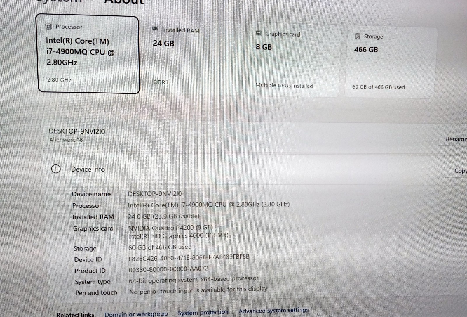 Dell Alienware 18 laptop I7-4900mq 2.8-3.8Ghz 24GB 500GB SSD NVIDIA P4200 AX210