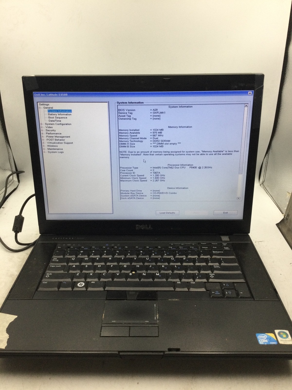 DELL LATITUDE E6500 – BOOTS TO BIOS – INTEL CORE 2 DUO – NO RAM – READ DESC – BB